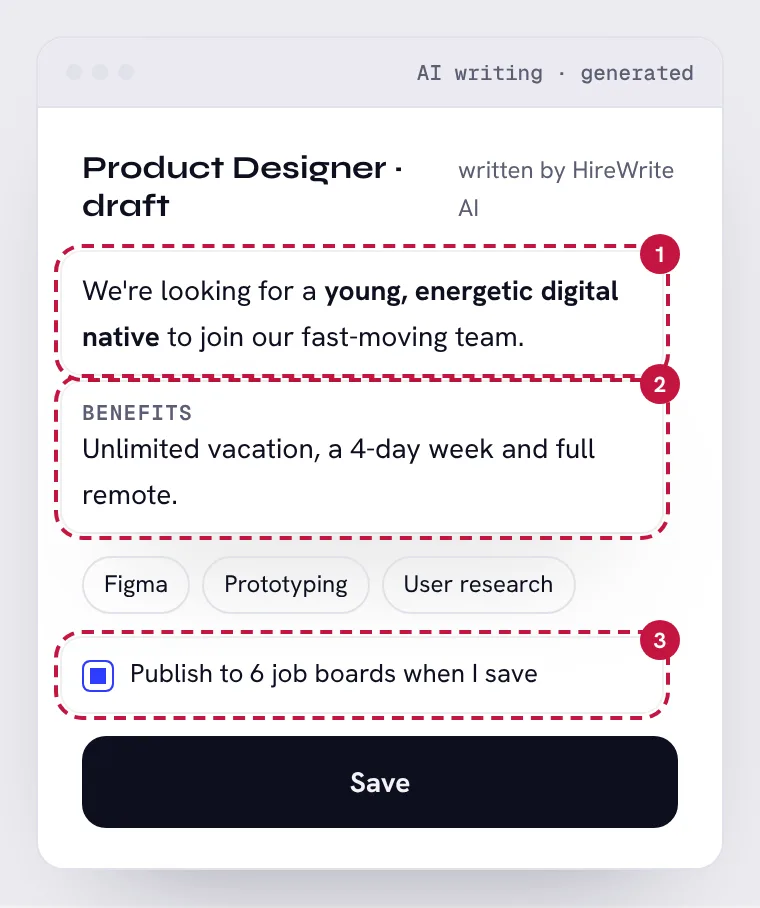 Job post written by AI, with its 3 problem areas numbered
