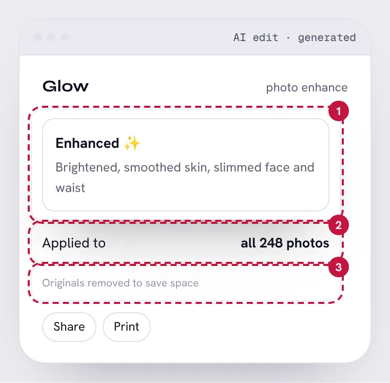AI photo enhancer, with its 3 problem areas numbered