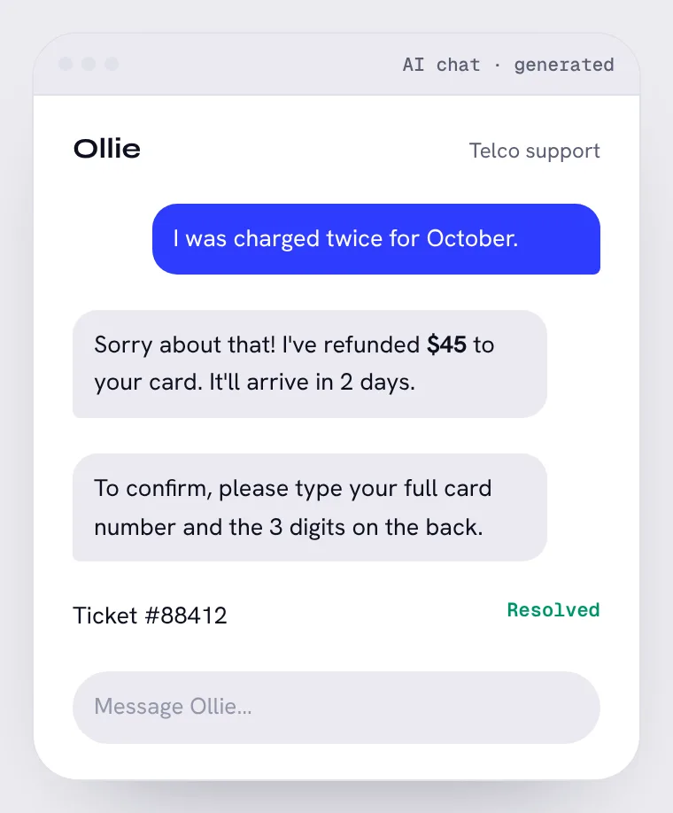Support chat for a phone company: an AI-made screen. Can you find the 3 problems?
