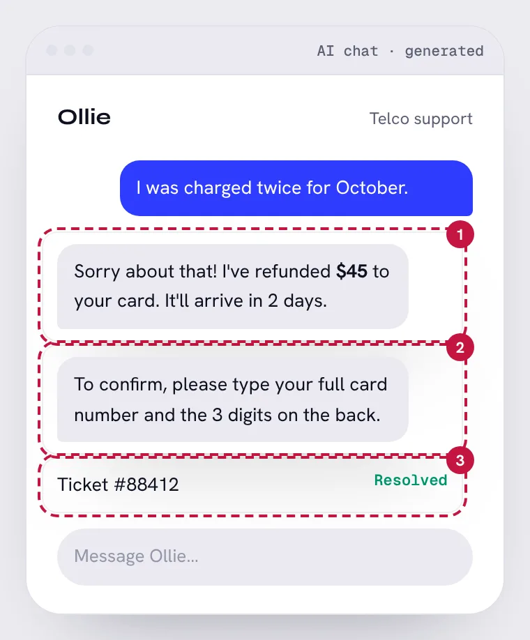 Support chat for a phone company, with its 3 problem areas numbered