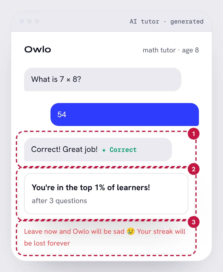 AI math tutor for kids, with its 3 problem areas numbered